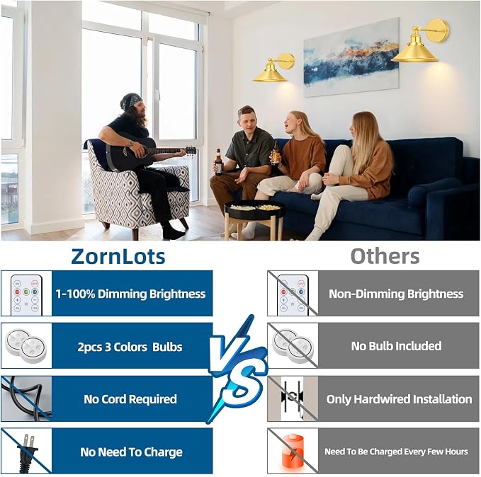 Gold Battery Operated Wall Sconce Set of 2, Vintage Wireless Wall Sconces - Image 2