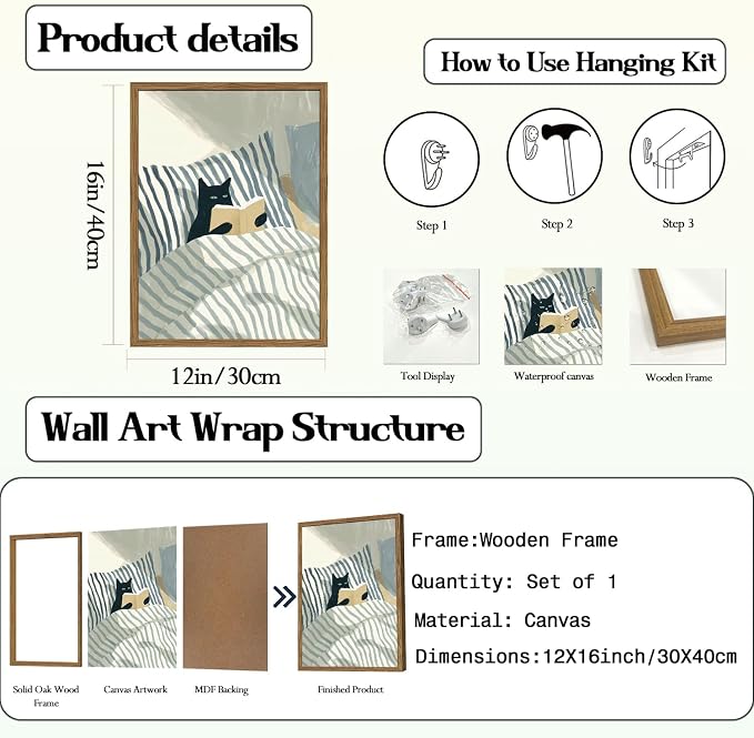 Funny Black Cat Wall Art Painting, Whimsical Cat in Stripe Bed Reading Wall - Image 3