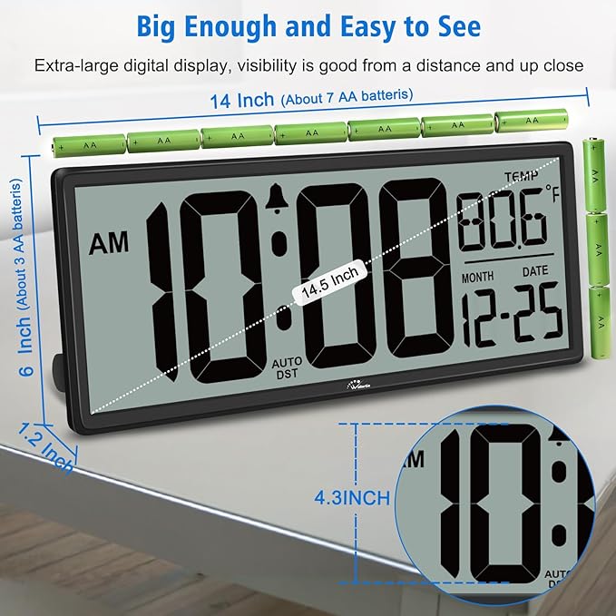 WallarGe Backlight Digital Wall Clock Battery Operated - - Image 8