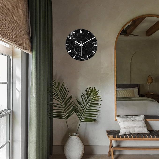 Black Wall Clock for Bedroom Glass Modren Wall Clock Battery Operated 14 Inch - Image 2