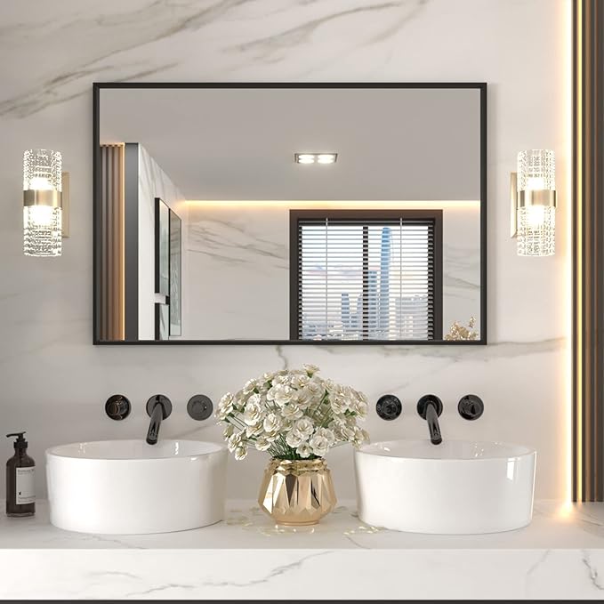 LOAAO 48"X32" Black Rectangle Bathroom Mirror Wall, Matte Black Aluminum Alloy by LOAAO
