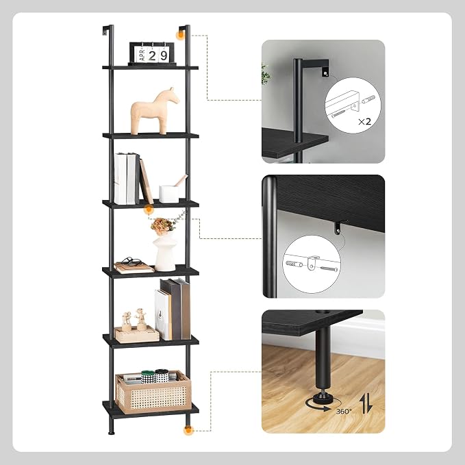 HOOBRO DIY Ladder Shelf, 6-Tier Wooden Wall Mounted Bookshelf, Narrow Bookcase - Image 5