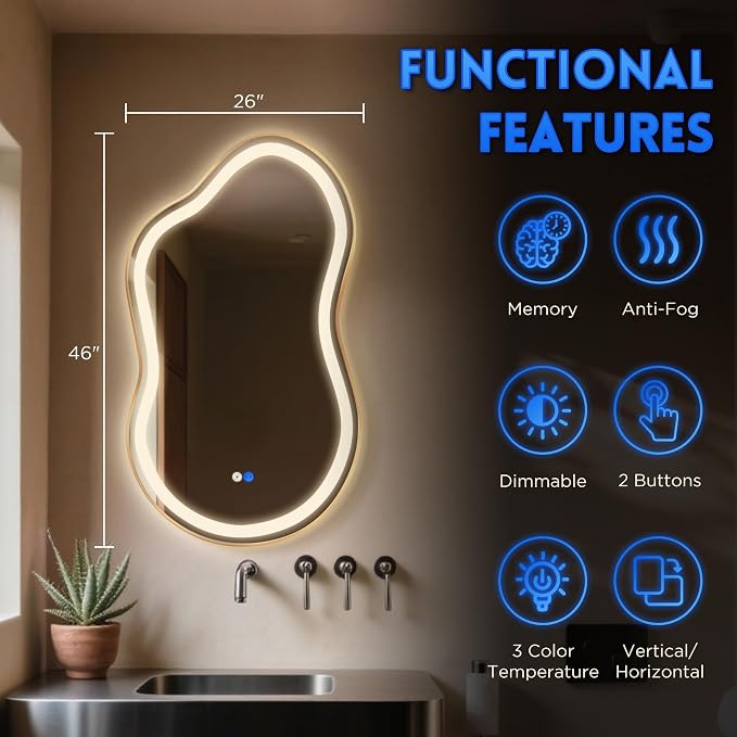 Irregular Led Backlit Bathroom Mirror -26"x46" Single Piece, Asymmetrical Cloud - Image 2