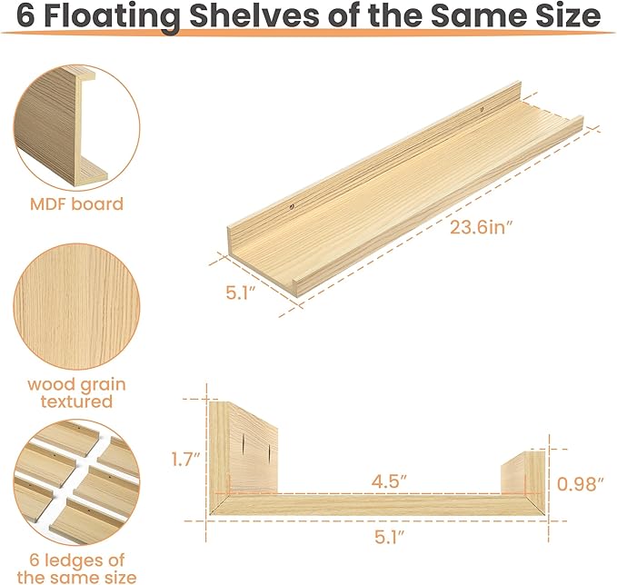 upsimples Floating Shelves for Wall, 23.6 Inch Shelves for Decor Storage Set of - Image 3