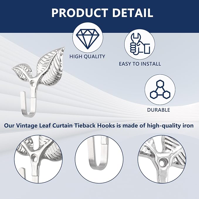 Set of 4 Vintage Leaf Wall Hooks Silver Metal Coat Hooks Heavy Duty Decorative - Image 4