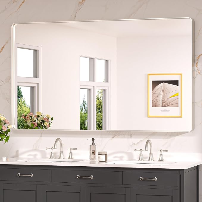 Keonjinn Brushed Nickel Mirror 60 x 36 Inch Large Silver Bathroom Mirror by Keonjinn