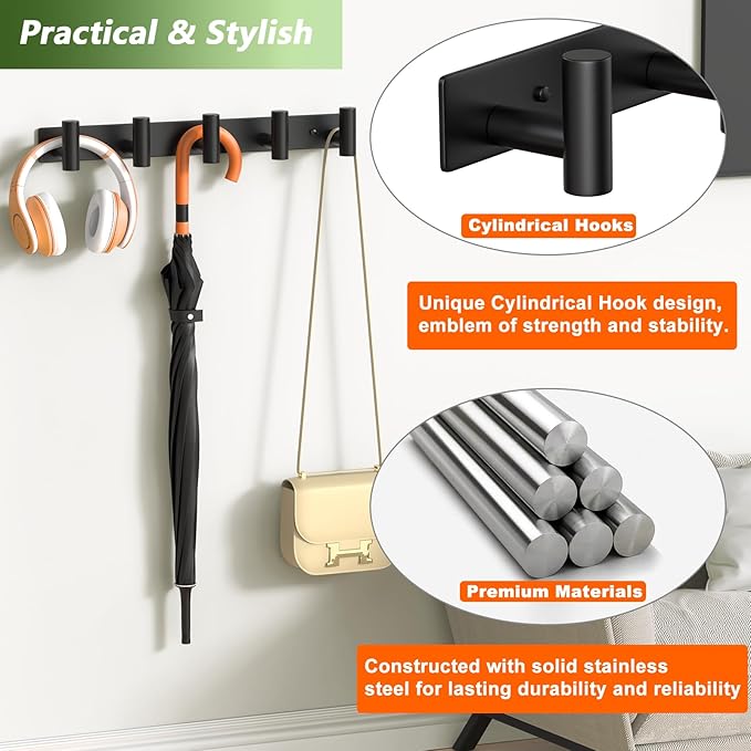 Coat Rack Wall Mounted with 5 Hooks, Heavy Duty Stainless Steel Wall Hooks - Image 4