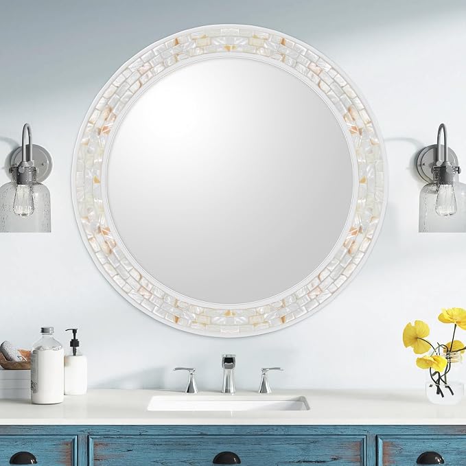Mosaic Mirrors for Wall 30 Inch, Natural Mother of Pearl Inlay White Framed - Image 6