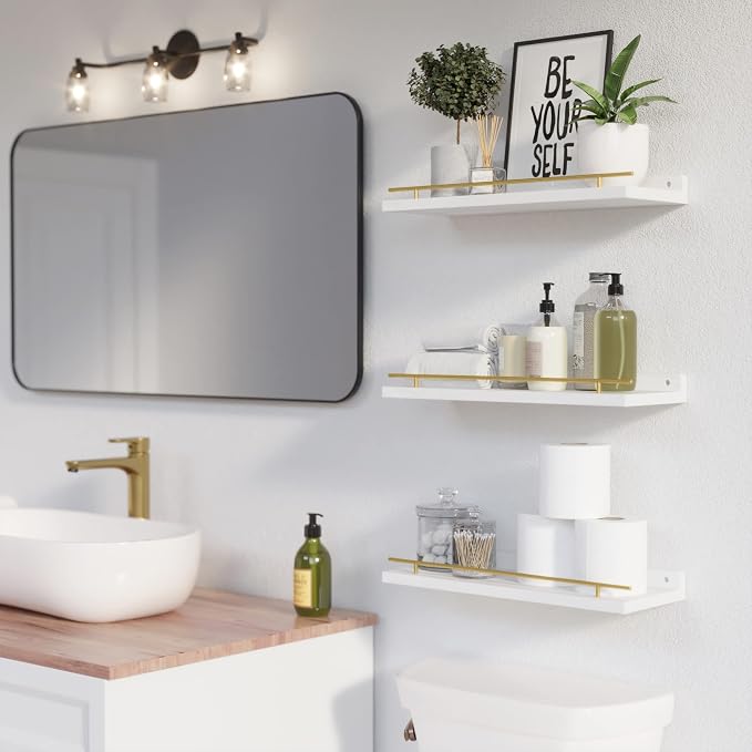 WOPITUES Floating Shelves with Gold Metal Guardrail, Shelves - Image 2