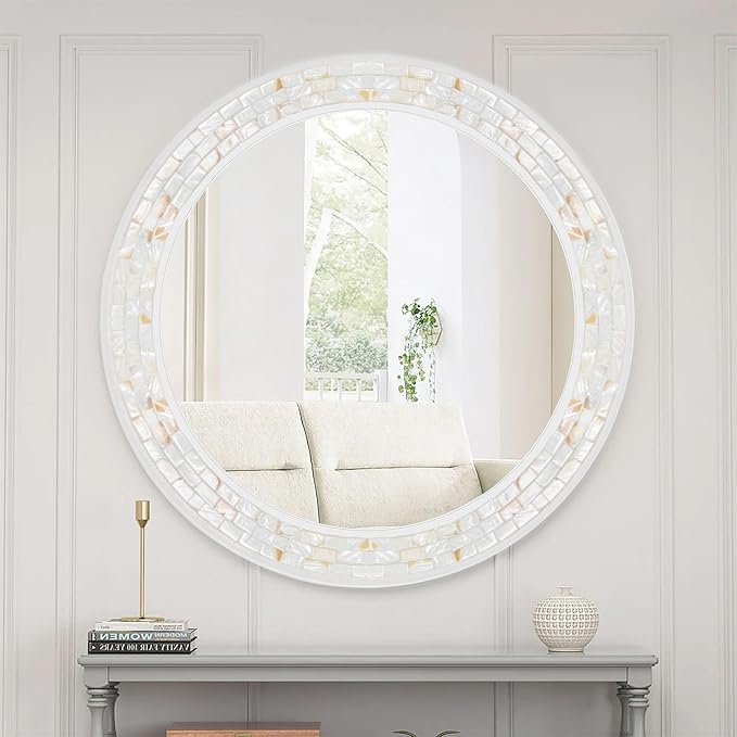 Large Round Mirror 36 Inch, Natural Mother of Pearl Inlay Mosaic Frame Circle - Image 6