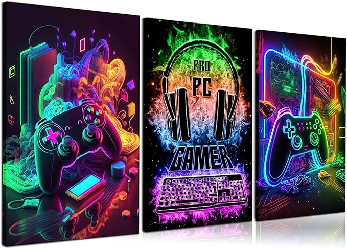 PPV 3Pcs Cool Gaming Wall Art Retro Video Gamer watercolor Posters Pictures by PPV