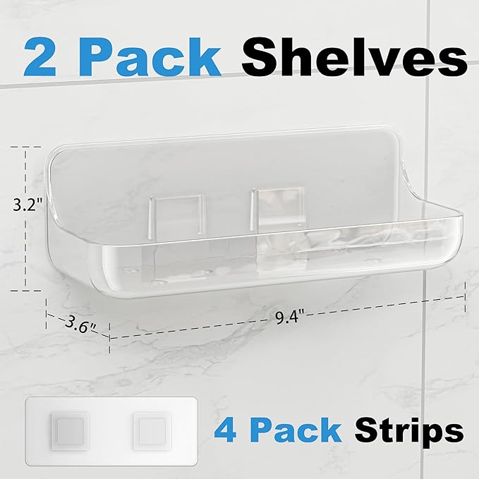 Adhesive Shower Caddy, 2 Pack Acrylic Bathroom Shelves, No Drill Wall Mount - Image 2