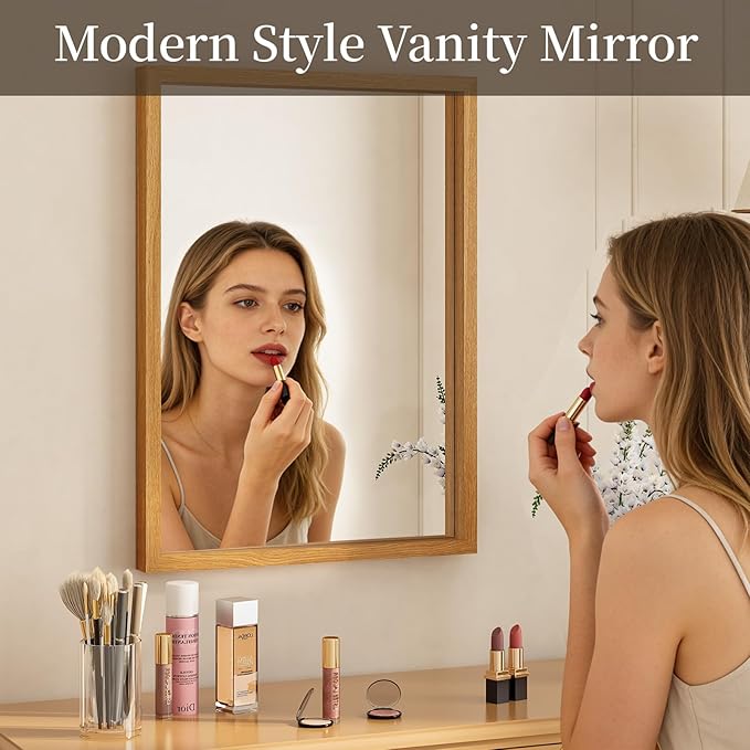 Syndra Natural Wood Frame Bathroom Mirror, 22x30'' Modern Vanity Mirror - Image 4