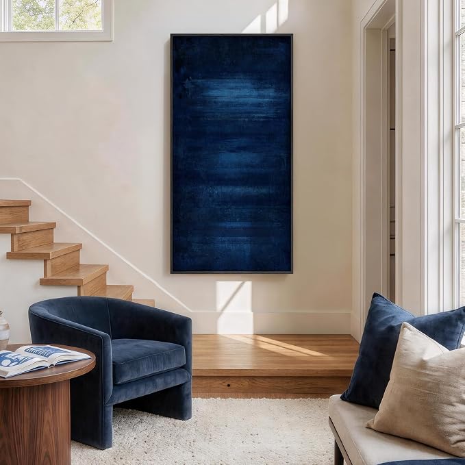 Large Framed Navy Blue Abstract Wall Art, Modern Vertical Canvas Prints - Image 4