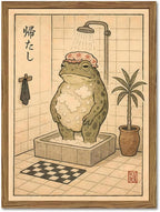 Funny Japanese Frog Bathroom Wall Art Whimsical Frog Shower Wall Decor 16x24 by YYNISPINWallArt