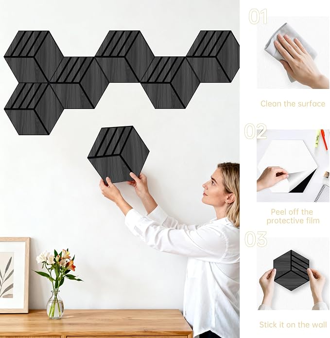Mollywell Acoustic Panels, PVC Wood-Grain, 14x12 Inch Hexagon Carved Sound - Image 6