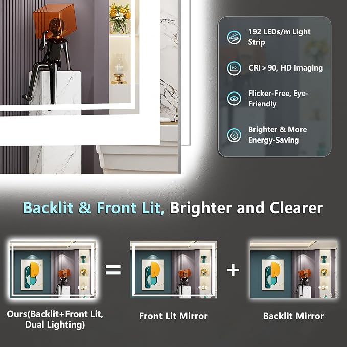 48x30 LED Bathroom Mirror with Lights, Backlit and Front Lit Anti-Fog Lighted - Image 3