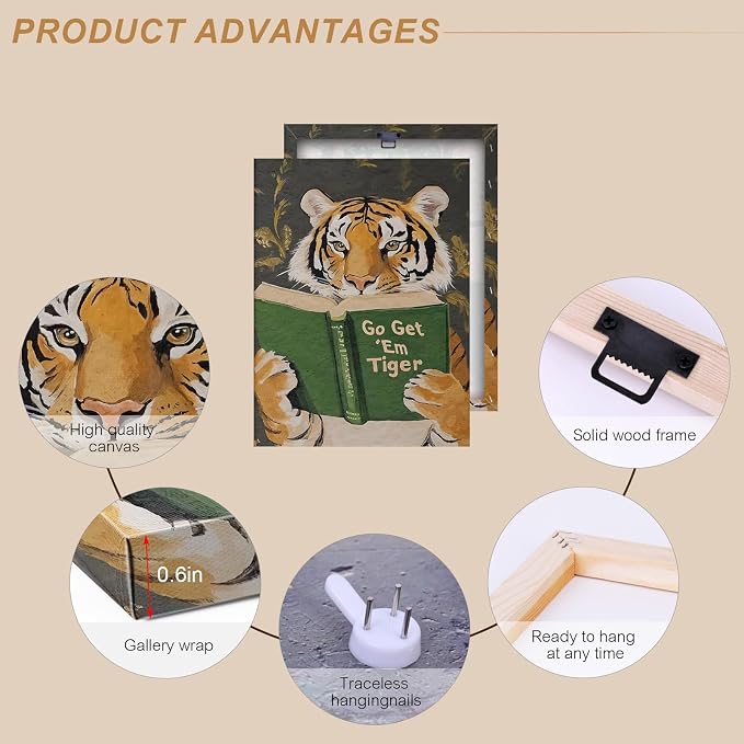 ALMLZL Funny Tiger Reading Book Wall Art Motivational Animal Reading Canvas - Image 5