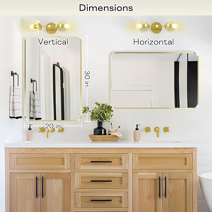 Wall Mount Mirror for Bathroom, Brushed Gold Metal Framed Rounded Corner - Image 3