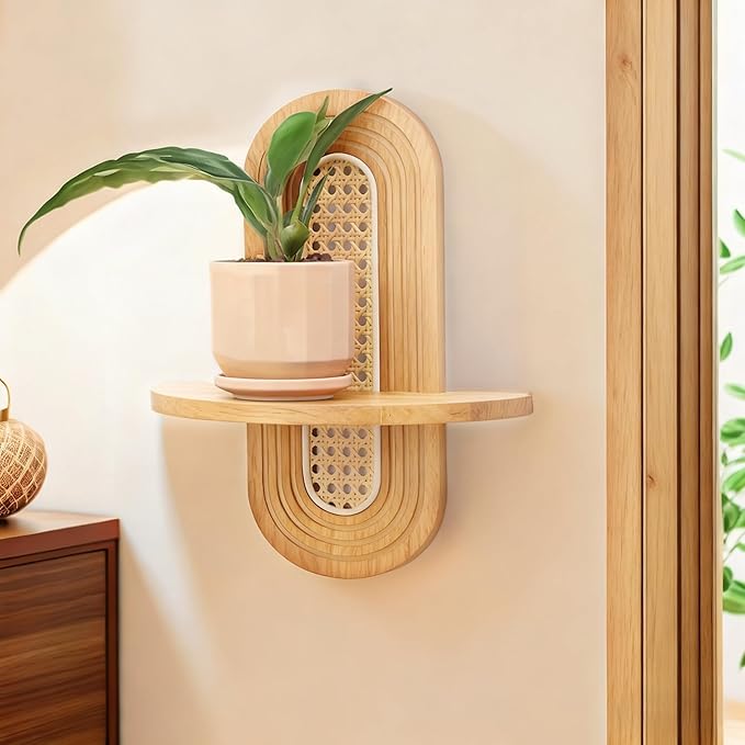 Floating Shelves for Wall, Boho Home Wall Decor, Rattan Plant Shelf Set of 2 - Image 2