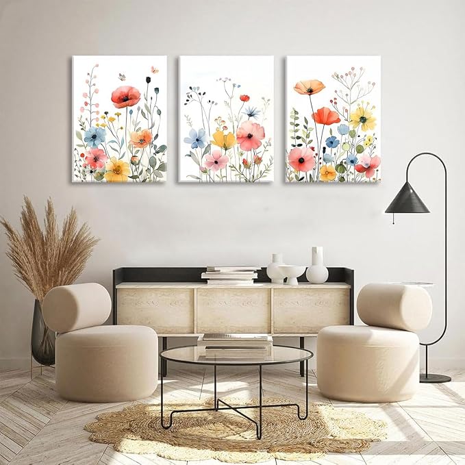 KISSFOX Framed Colorful Wildflower Canvas Wall Art Set Of 3 Flowers Pictures - Image 5