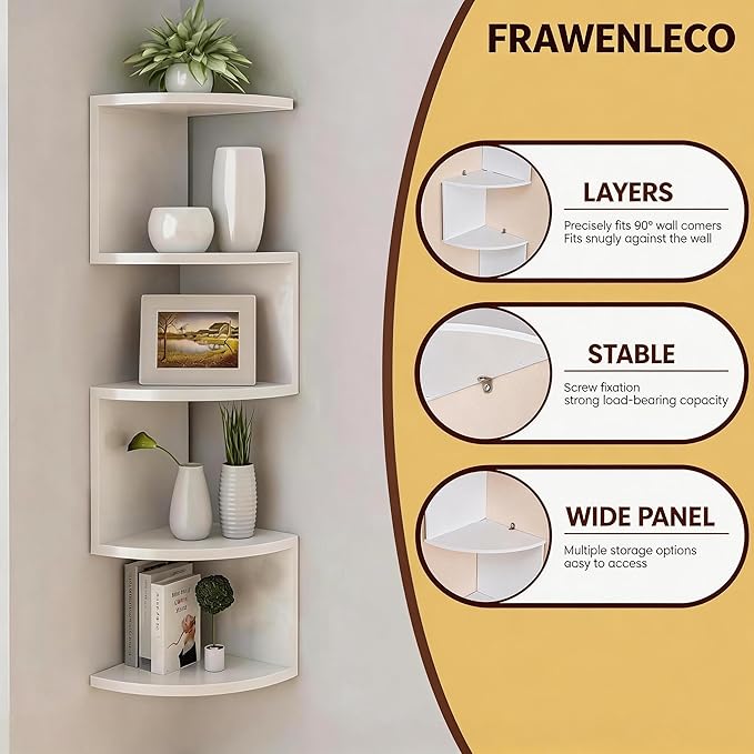 5-Tier Corner Shelf Wall Mount, Screw-Mounted Floating Bookshelf - Image 5