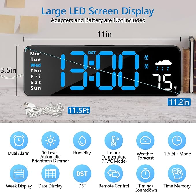 Digital Wall Clock with Remote Control, Large Display Plug in LED Digital Alarm - Image 2