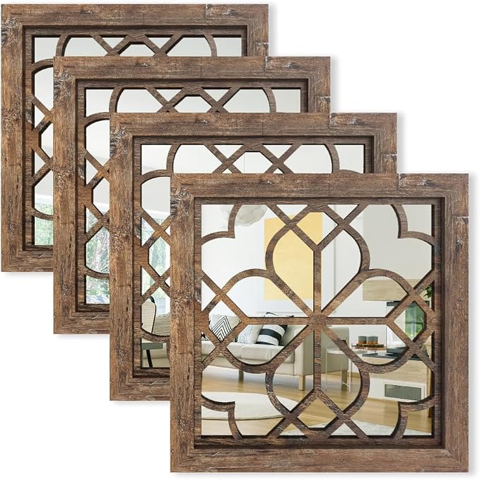 Set of 4 14 Inch Square Redbrown Window Pane Wall Mirrors, Shatterproof Rustic by HMANGE