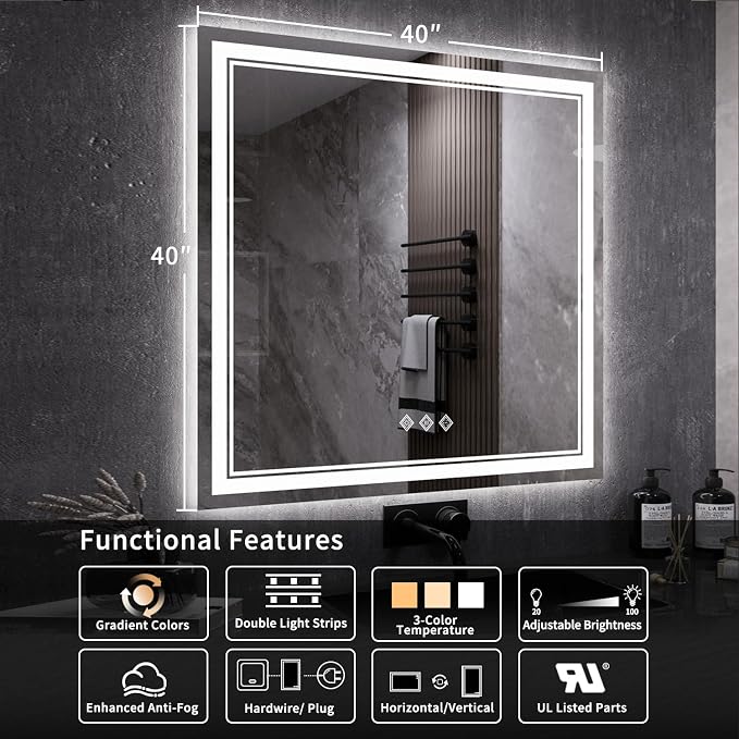 LED Mirror, 40x40 Inch Gradient Front and Backlight Bathroom Mirrors - Image 2