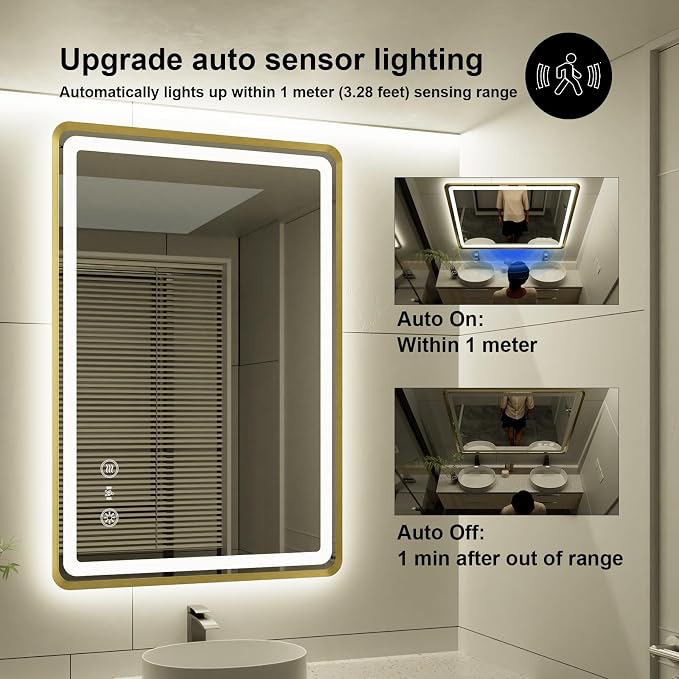 24x36 Inch Gold Framed LED Bathroom Mirror, Smart Bathroom Mirror - Image 4
