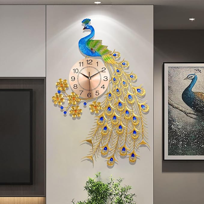 Large Peacock Wall Clock for Living Room Decor, Mid Century Decorative Big Wall - Image 2