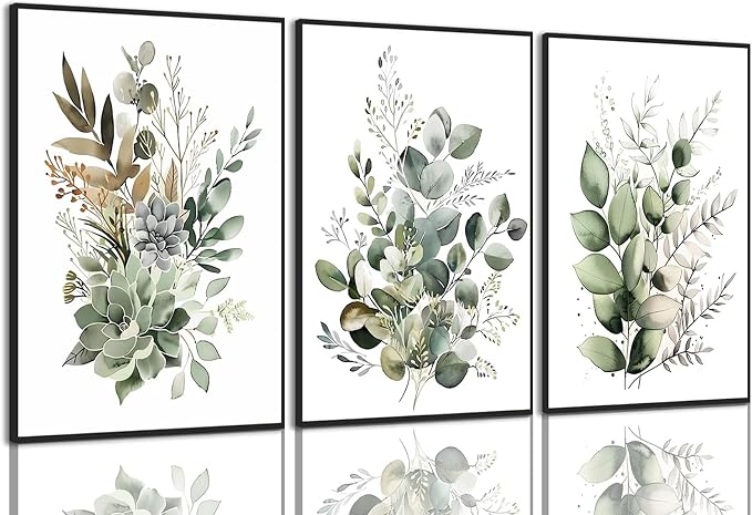 Bwodke Botanical Wall Art Plant Floral Watercolor Canvas Prints Set of 3 Framed by Bwodke