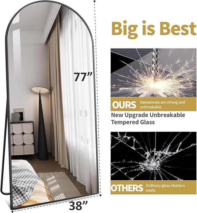 DMWOODFL 77"x38" Black Arched Full Length Mirror - Image 2