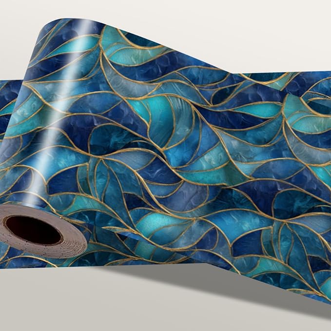 Blue Geometric Mosaic Wallpaper Border 196x4 Inch Peel and Stick Wall Border by IOHEFY