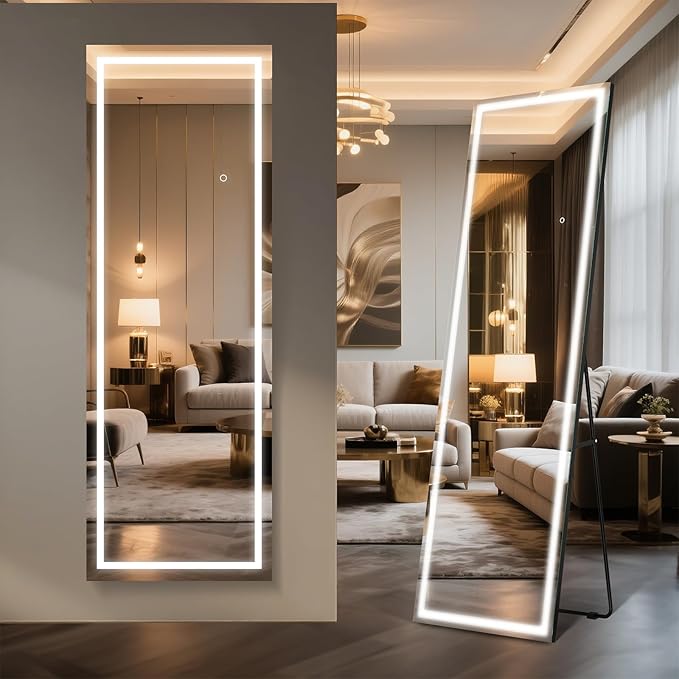 Kosmonia 65x22 Frameless Full Length Mirror, Dimmable 3 Color LED Light by Kosmonia