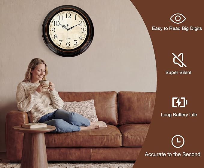 Vintage Wall Clock 16 Inch Quartz Silent Non-Ticking Analog Clock Battery - Image 2