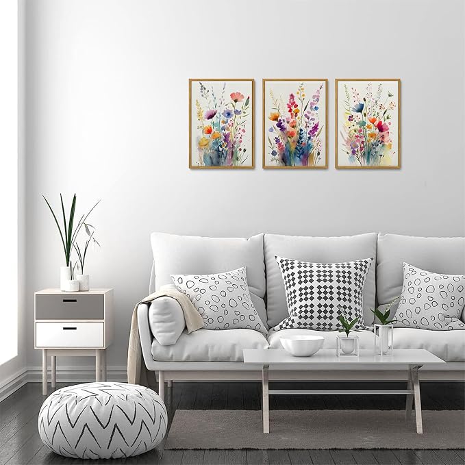 KISSFOX 3 Piece Colorful Wildflower Botanical Framed Wall Art Watercolor Floral - Image 3