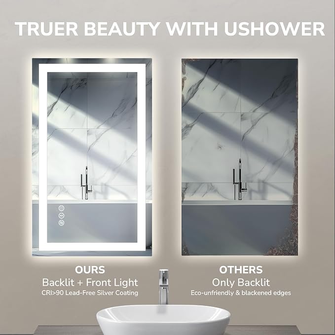 USHOWER LED Bathroom Mirror 48x36 Inch Tempered Glass - Image 5