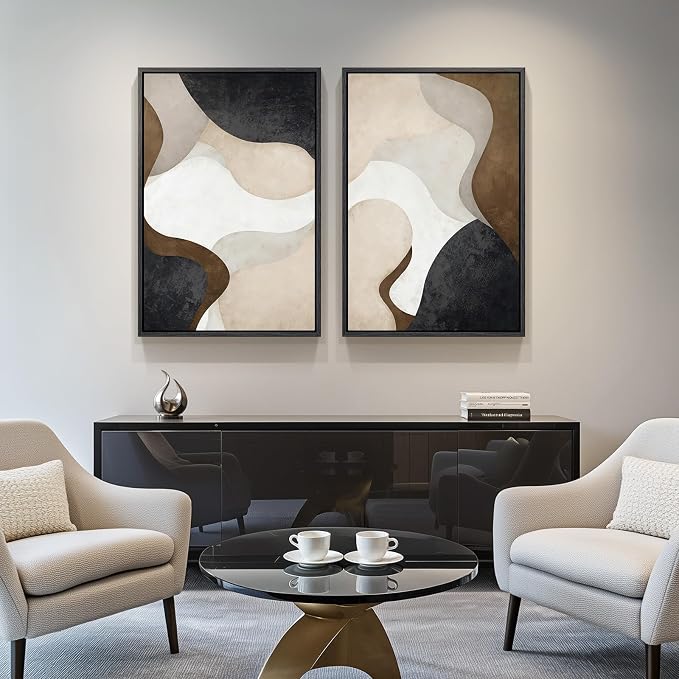 Large Framed Neutral Abstract Minimalist Wall Art Set of 2, Modern Canvas - Image 4