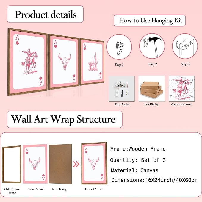 Set of 3 Western Cowgirl Wall Art Pink Bull Skull Wall Decor Painting - Image 3