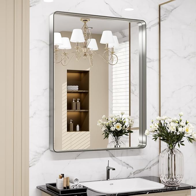 LOAAO 24X32 Inch Brushed Nickel Bathroom Mirror, Rounded Rectangle Silver Metal by LOAAO