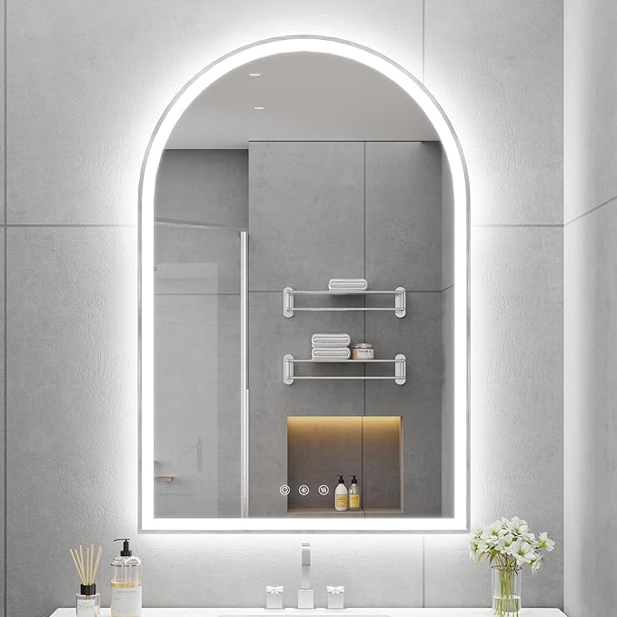 Arched LED Mirror for Bathtoom 24"x36", Shatterproof, Touch Sensor, 3 Color by OUMUSUMIRROR