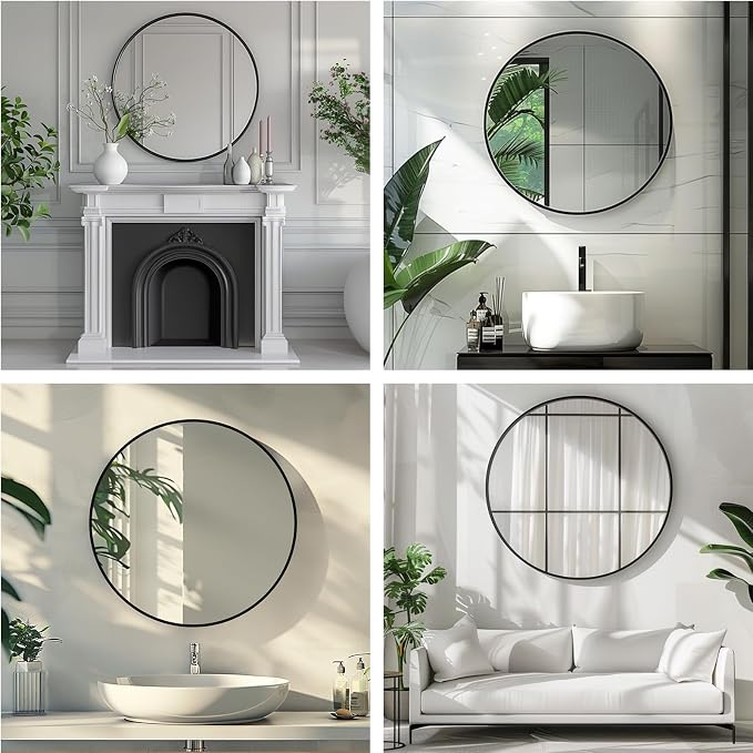 Black Round Mirror, 28 Inch Black Circle Mirror, Metal Frame Round Wall Mounted - Image 5