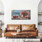 Vintage Pink Flower Wall Art Retro Flowers in Golden Vase Pictures Blue Ocean - Image 4