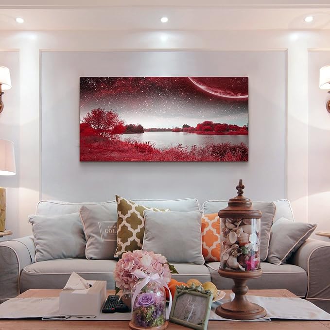wall art for living room Red Lakes and trees under the starry sky red landscape - Image 3