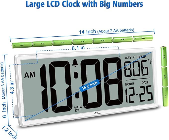 WallarGe 14.5'' Large Digital Wall Clock Battery Operated - Image 5