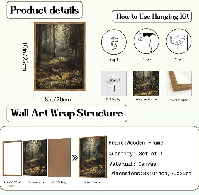Framed Vintage Forest Deer Canvas Wall Art, Rustic Nature Landscape Paintings - Image 6