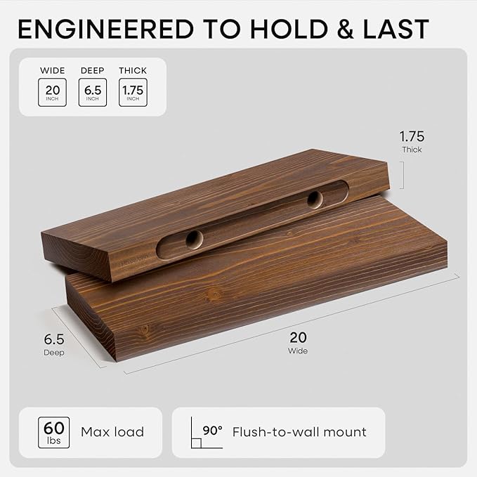 Homeforia Classic Walnut 20 inch Floating Shelf, High End Solid Real Wood Small - Image 2