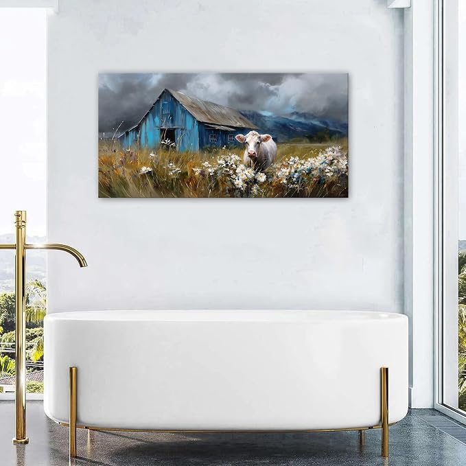 AIYISU Farmhouse Cow Wall Art Rustic Barn Landscape Pictures Wall Decor Blue - Image 5
