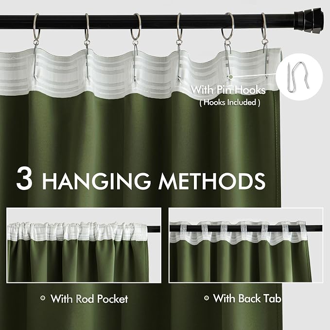 MIULEE Olive Green Back Tab Blackout Curtains 120 Inch Long 2 Panels Set - Image 3